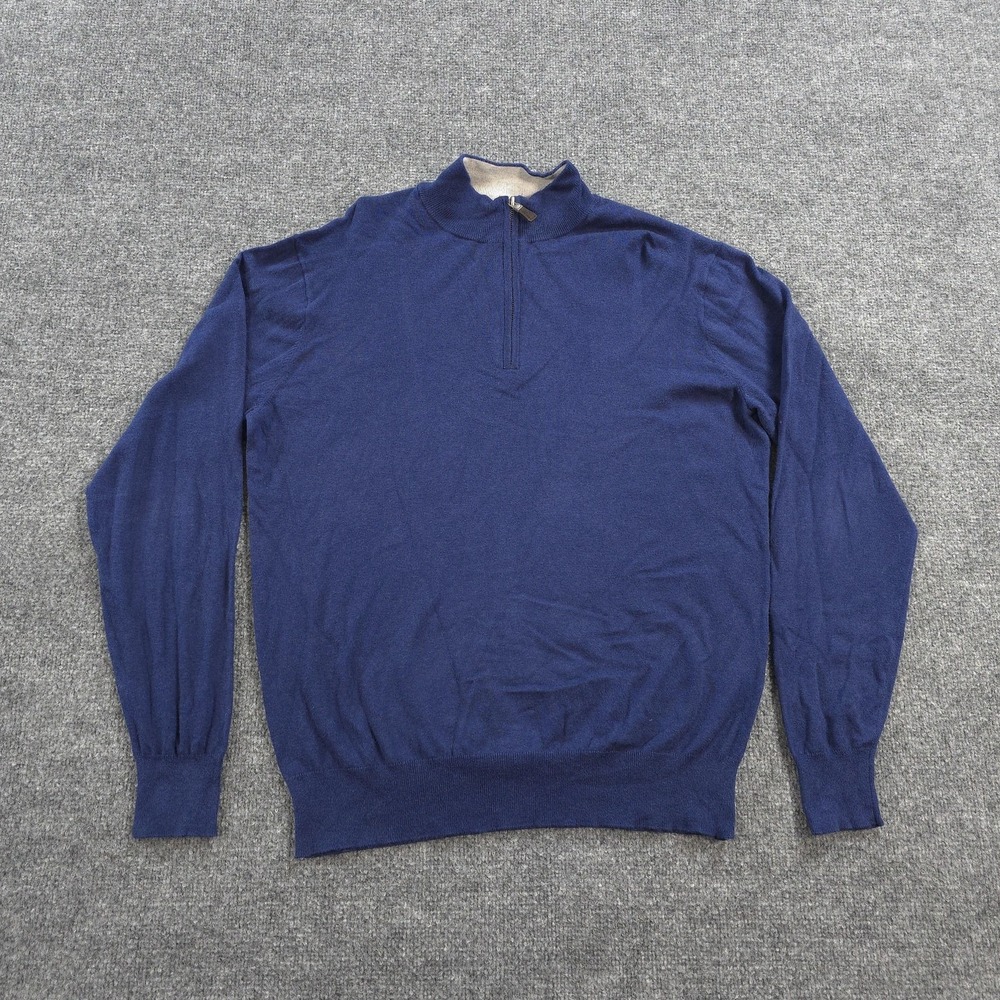 Peter Millar Sweater Mens L Blue Pima Silk Cashmere 1/4 Zip Mock Neck Pullover